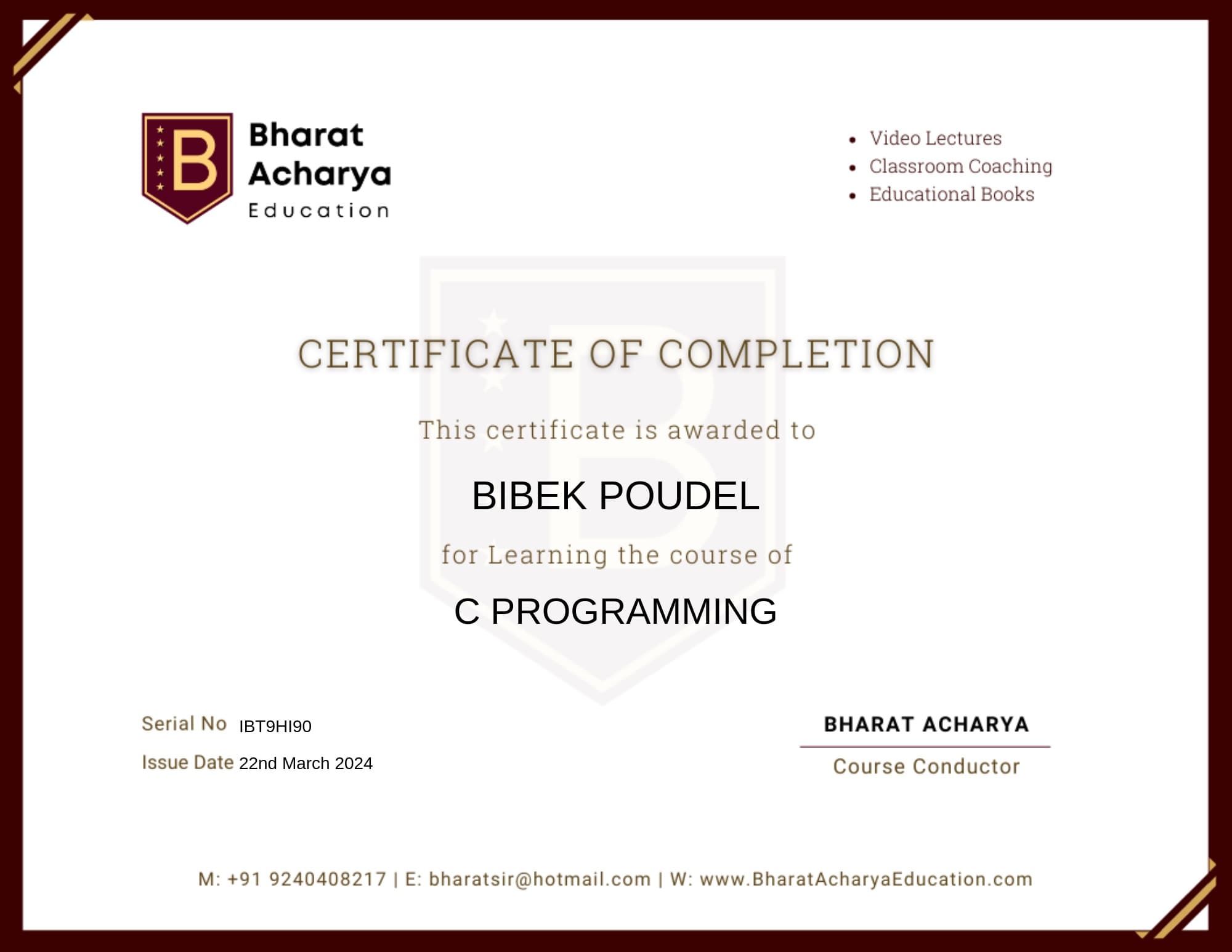 C Programming Certificate preview